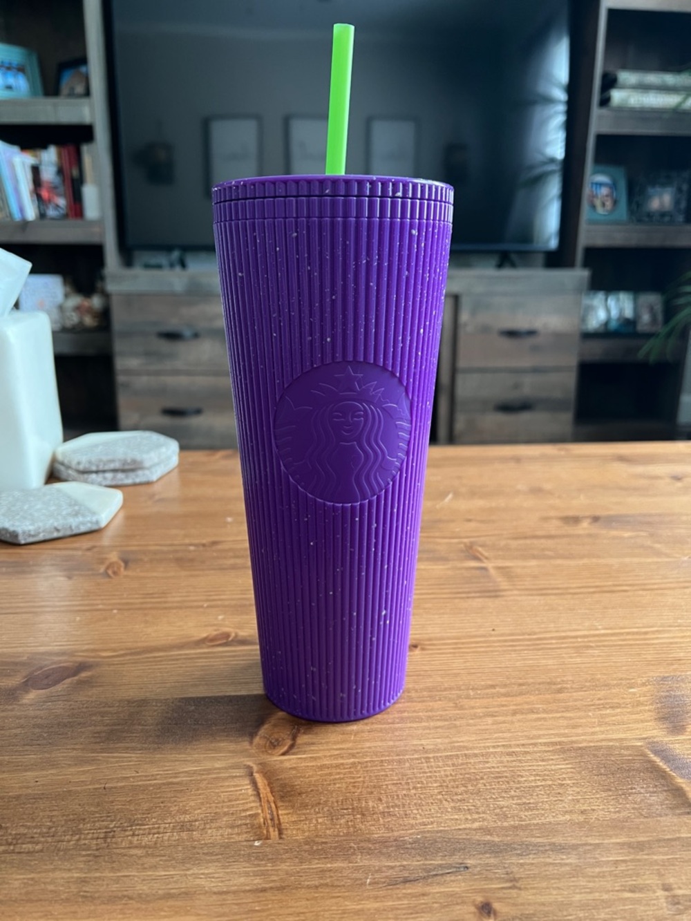 Starbucks Purple Ribbed Cold Cup with Green Straw *Glow in the dark*